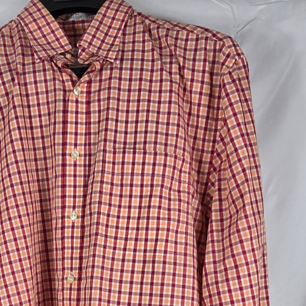 Peter Millar Mens Large Red Orange Plaid Check Cotton Button Down Shirt